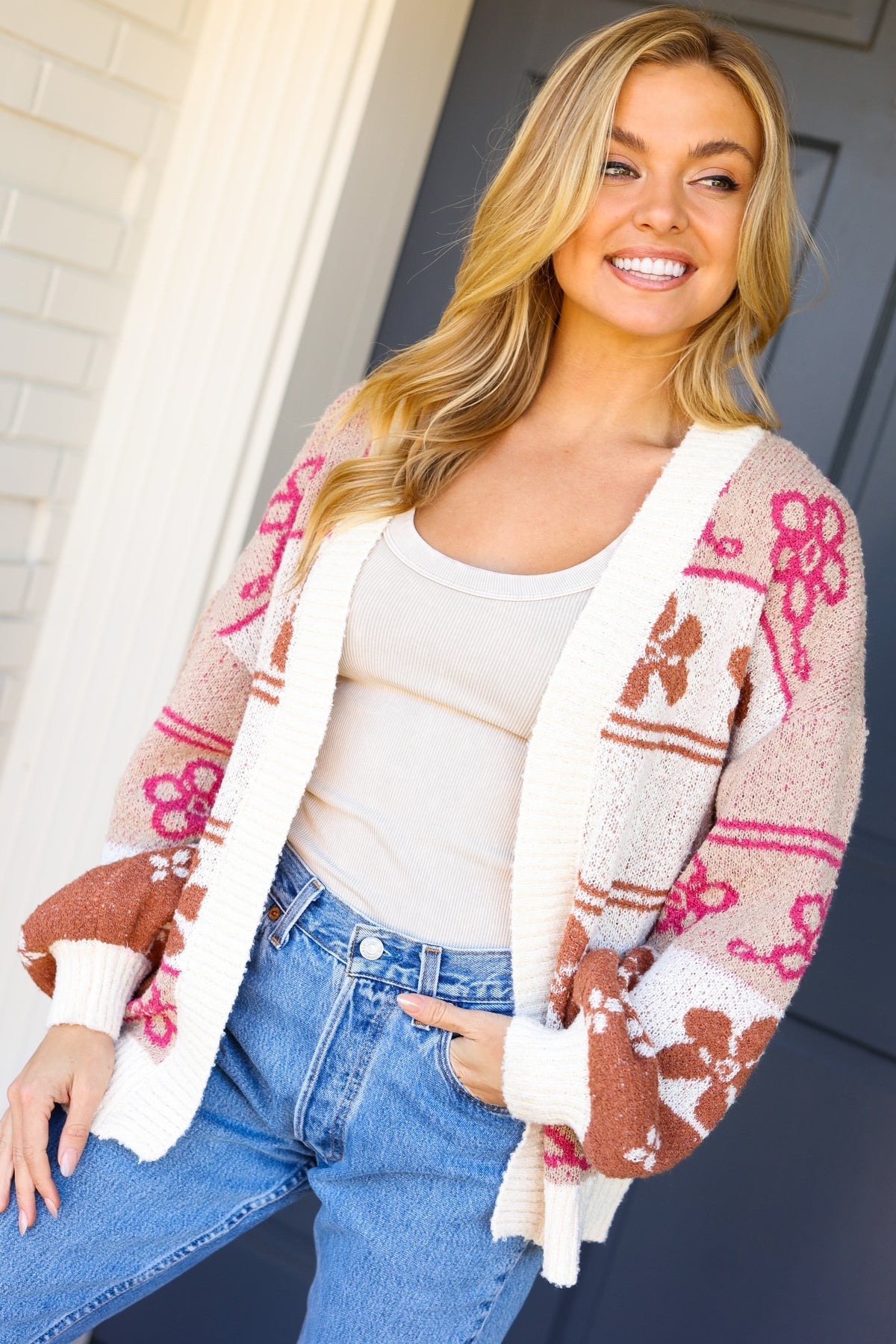 Take on The Day Ivory Floral Stripe Open Cardigan Very J