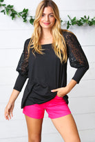 Black Lace Three Quarter Bubble Sleeve Top Haptics