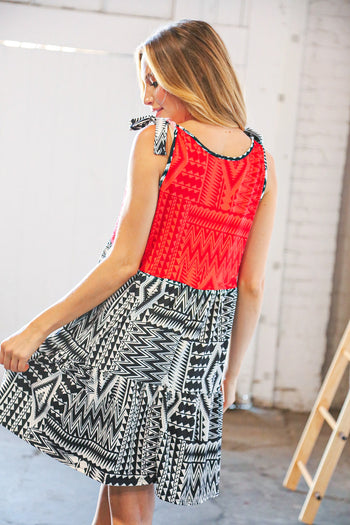 Red/Black Aztec Shoulder Tie Knot Tiered Dress Haptics