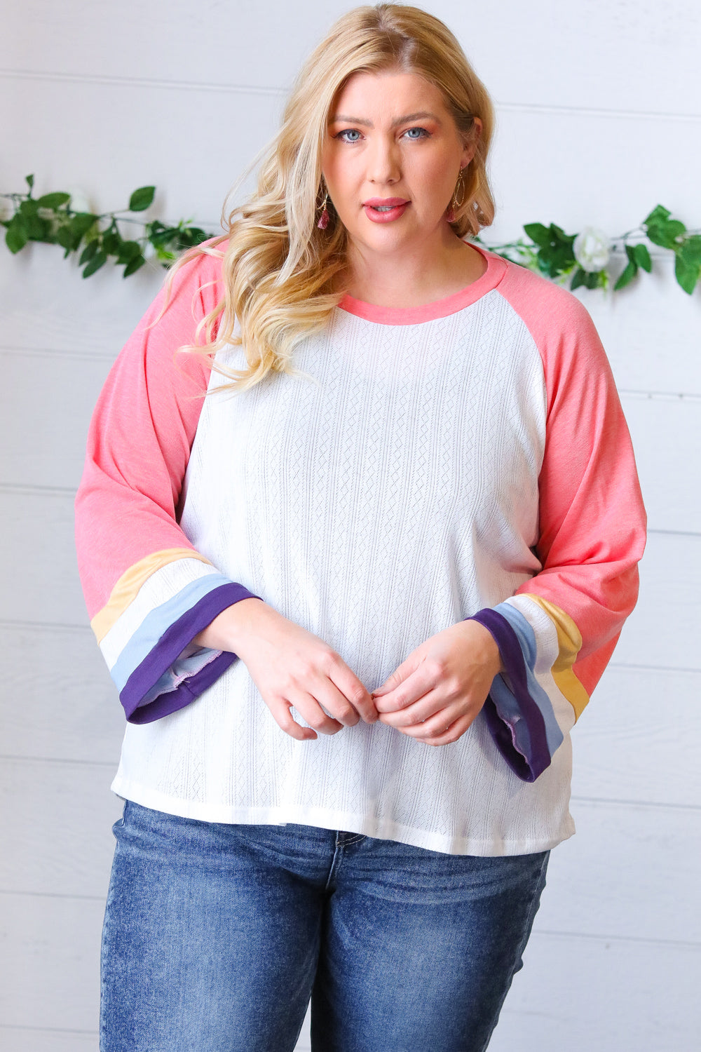 Pink Pointelle Color Block Wide Sleeve Pullover Sugarfox