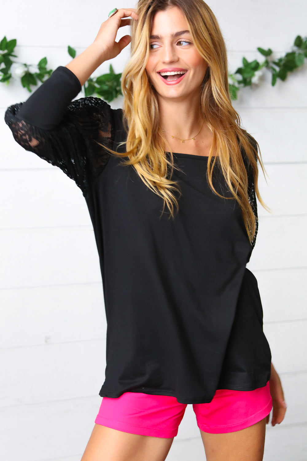 Black Lace Three Quarter Bubble Sleeve Top Haptics