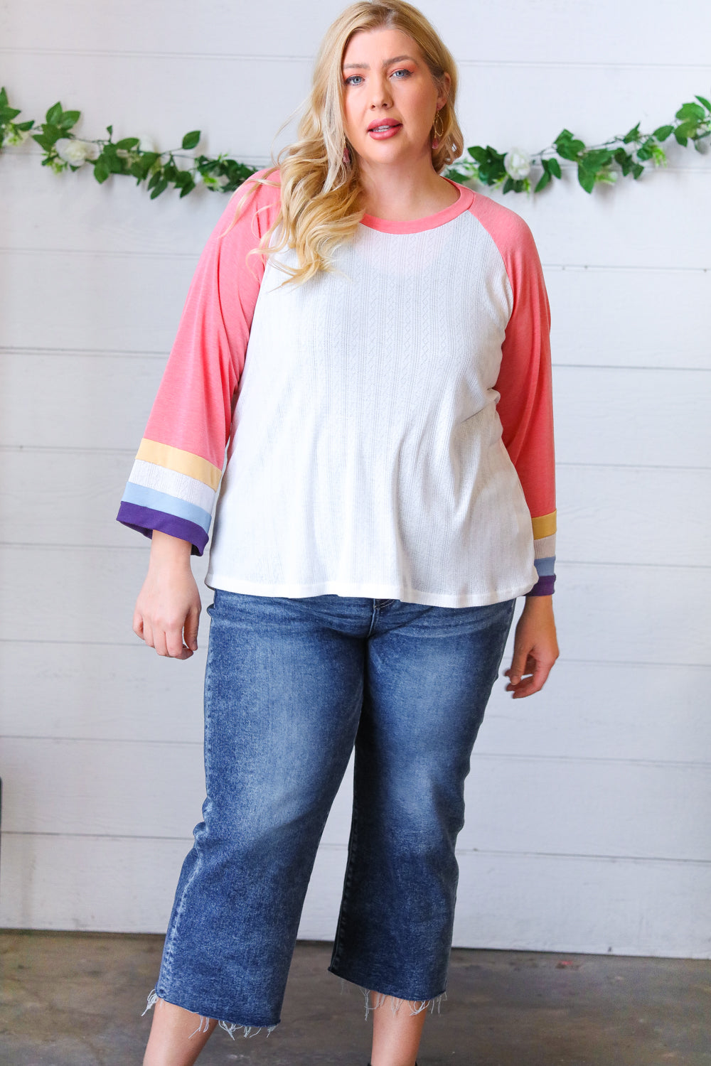 Pink Pointelle Color Block Wide Sleeve Pullover Sugarfox