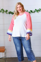 Pink Pointelle Color Block Wide Sleeve Pullover Sugarfox