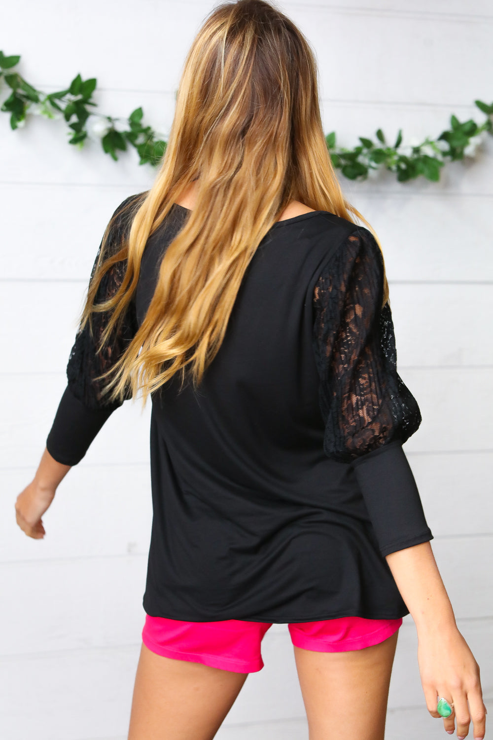 Black Lace Three Quarter Bubble Sleeve Top Haptics