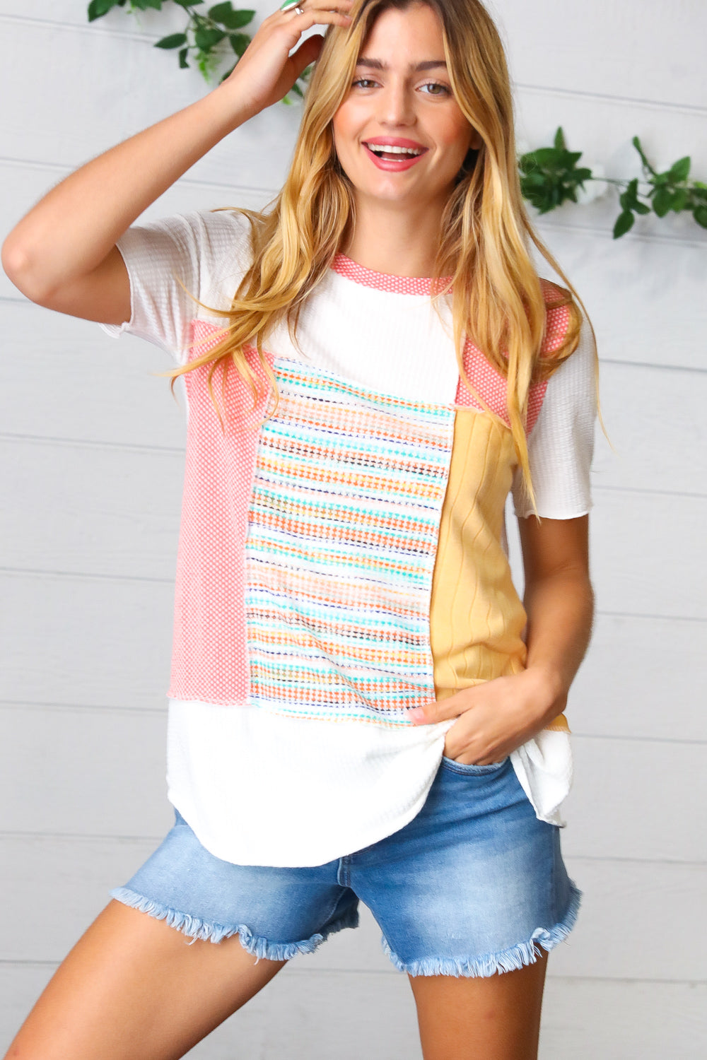 Coral Color Block Patchwork Out Seam Top Sugarfox