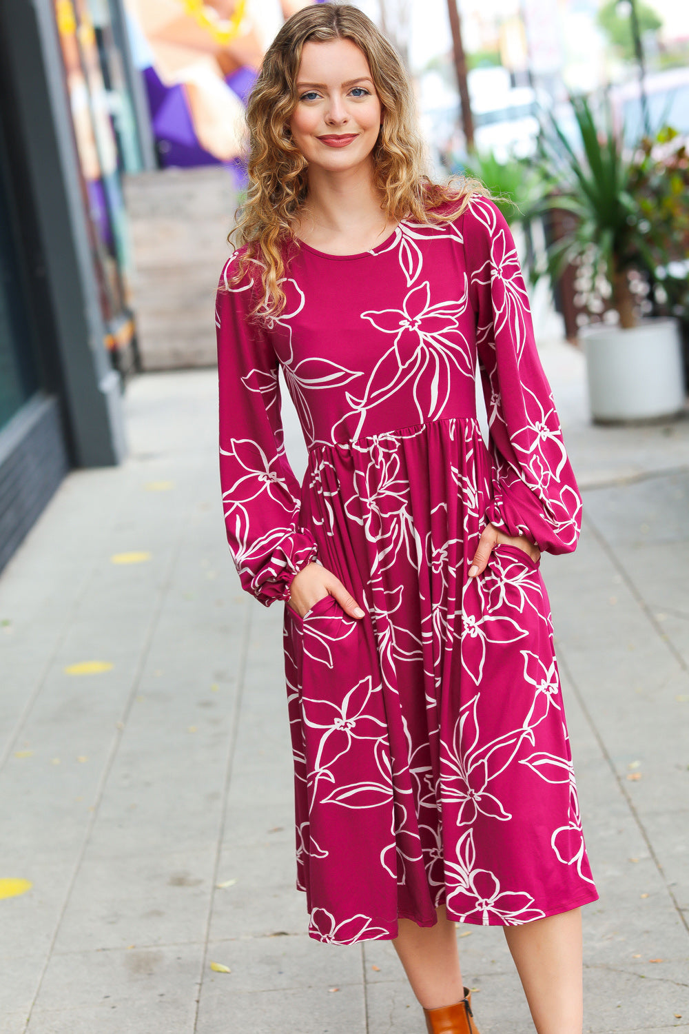 Sangria Fit & Flare Floral Print Midi Dress Haptics