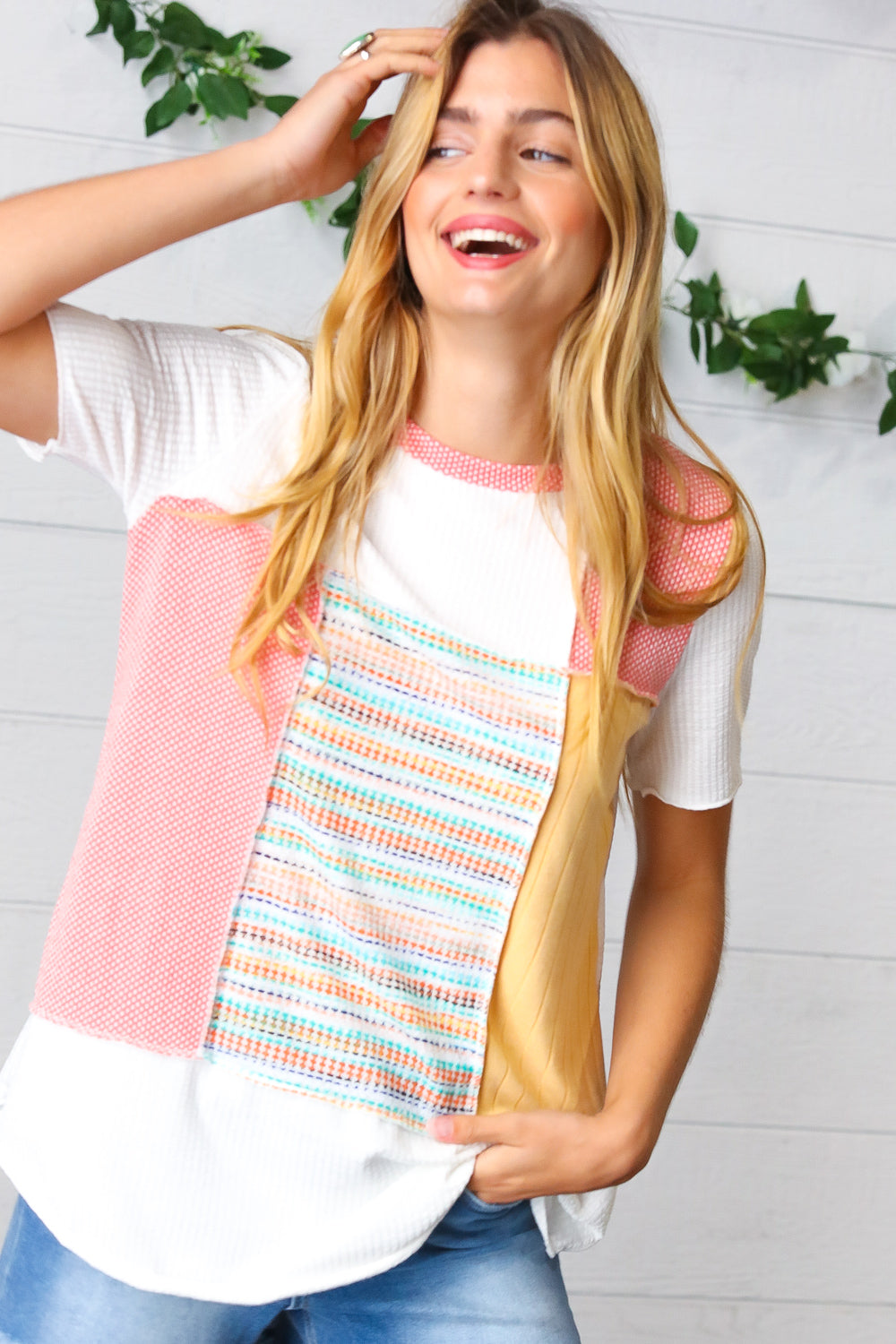 Coral Color Block Patchwork Out Seam Top Sugarfox