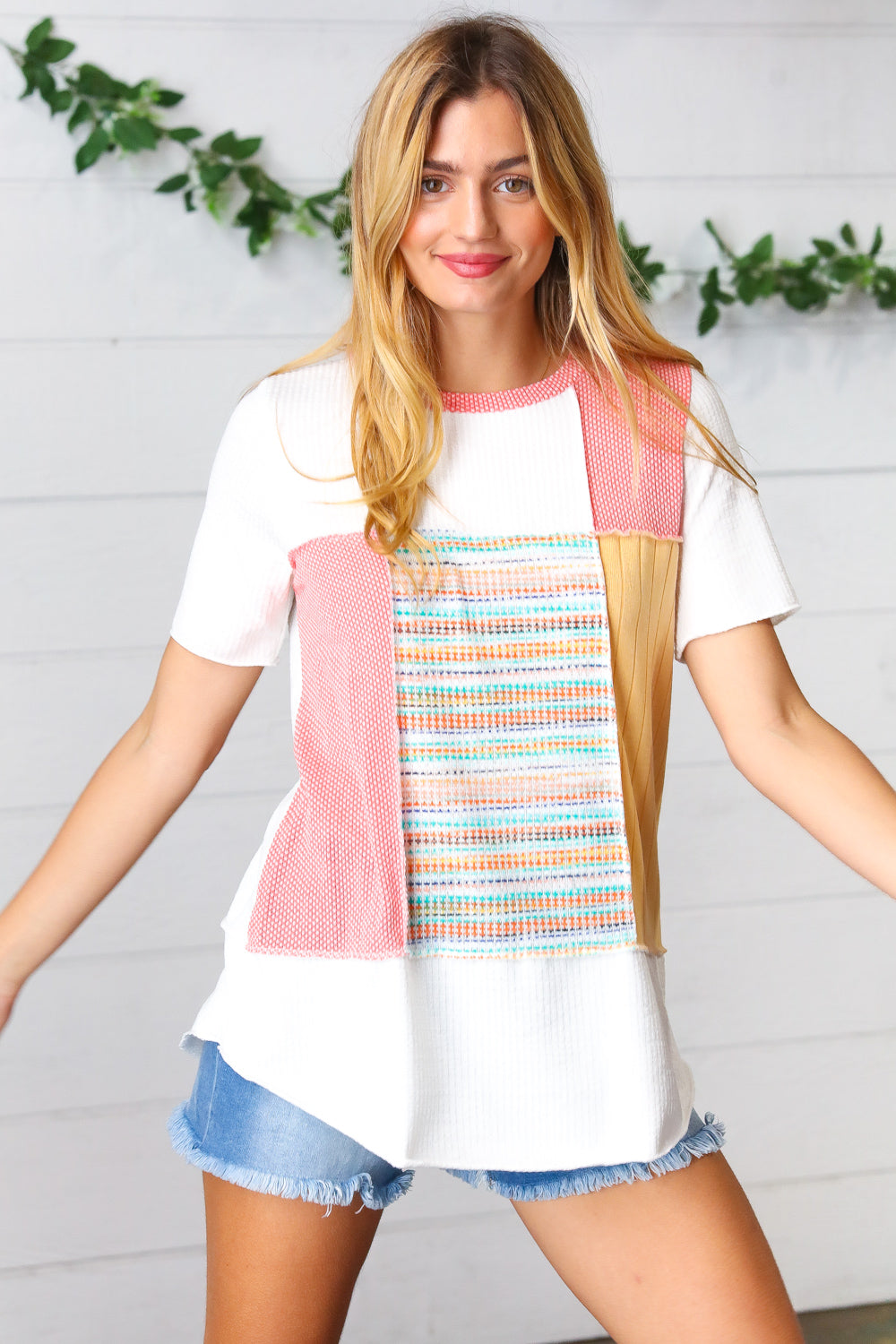 Coral Color Block Patchwork Out Seam Top Sugarfox