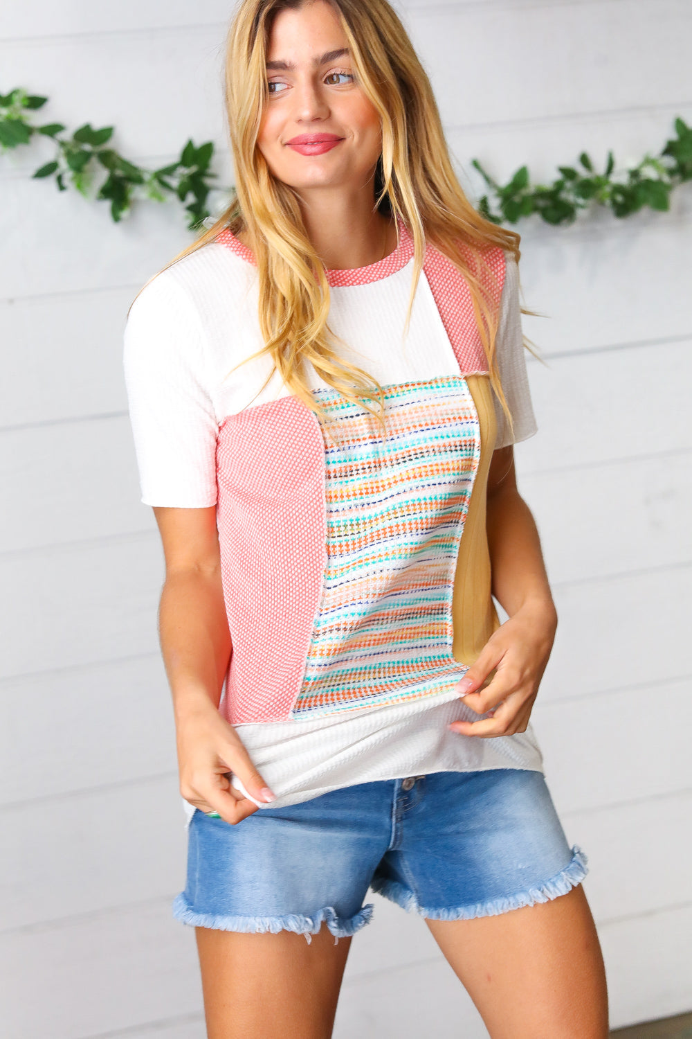 Coral Color Block Patchwork Out Seam Top Sugarfox