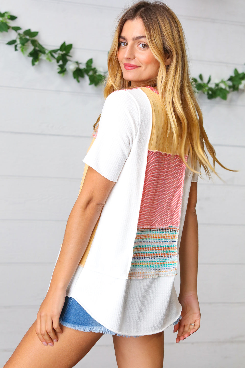 Coral Color Block Patchwork Out Seam Top Sugarfox