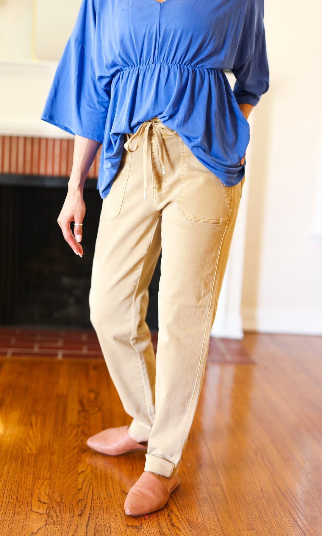 Feeling Femm' Khaki Garment Dyed Drawstring Jogger Jeans Judy Blue