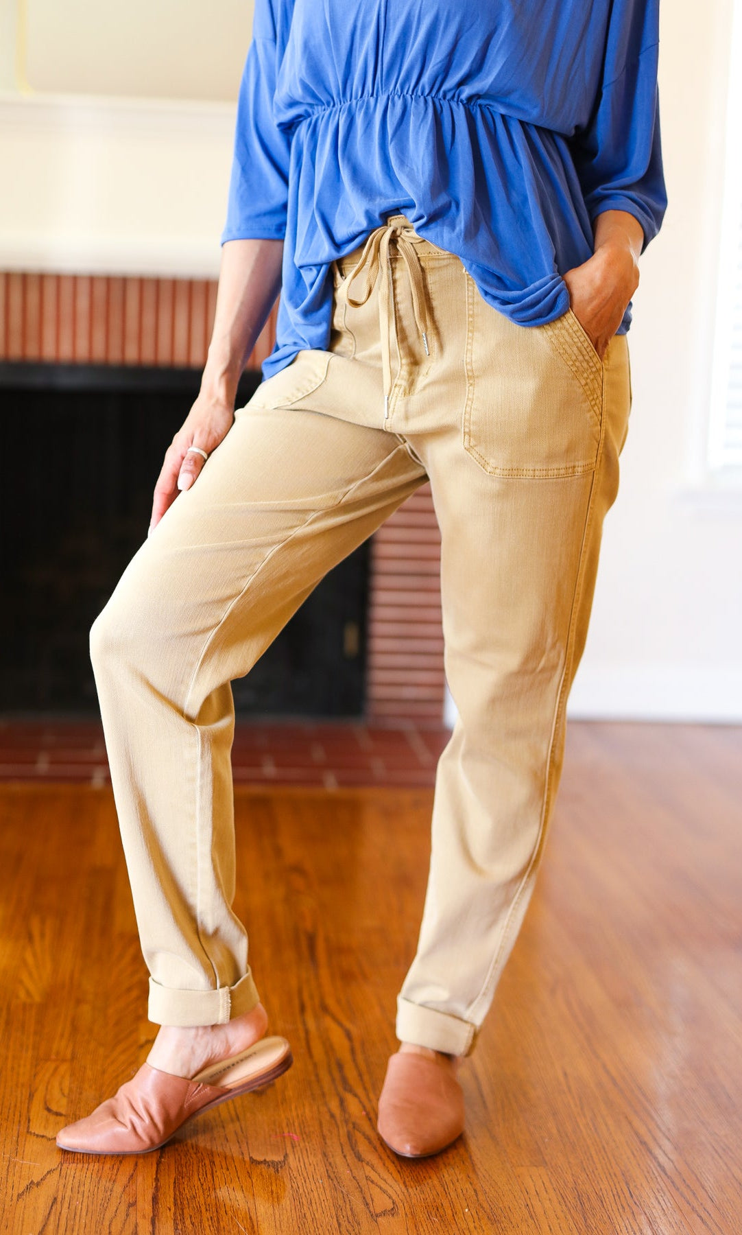 Feeling Femm' Khaki Garment Dyed Drawstring Jogger Jeans Judy Blue