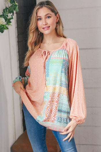 Peach & Mint Floral Color Block Raglan Peasant Top Haptics