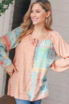 Peach & Mint Floral Color Block Raglan Peasant Top Haptics