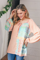 Peach & Mint Floral Color Block Raglan Peasant Top Haptics