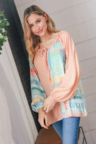 Peach & Mint Floral Color Block Raglan Peasant Top Haptics