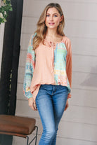 Peach & Mint Floral Color Block Raglan Peasant Top Haptics