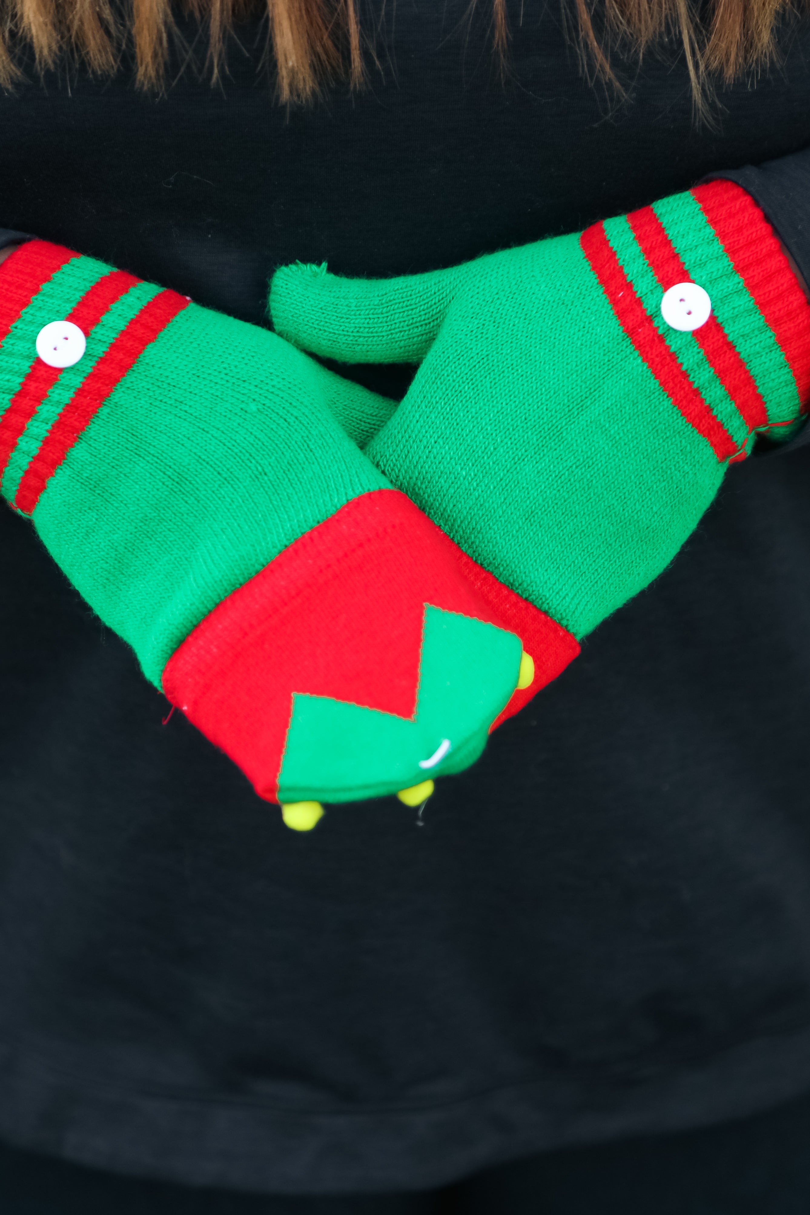 Red & Green Elf Fingerless Gloves with Convertible Mittens ICON