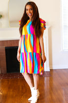 Eyes On You Multicolor Abstract Print Smocked Ruffle Sleeve Dress Haptics