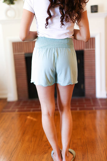 Seafoam Smocked Waist Scalloped Shorts Zenana