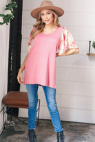 Mauve Rib Floral Chiffon Flutter Sleeve Knit Top Haptics