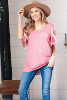 Mauve Rib Floral Chiffon Flutter Sleeve Knit Top Haptics