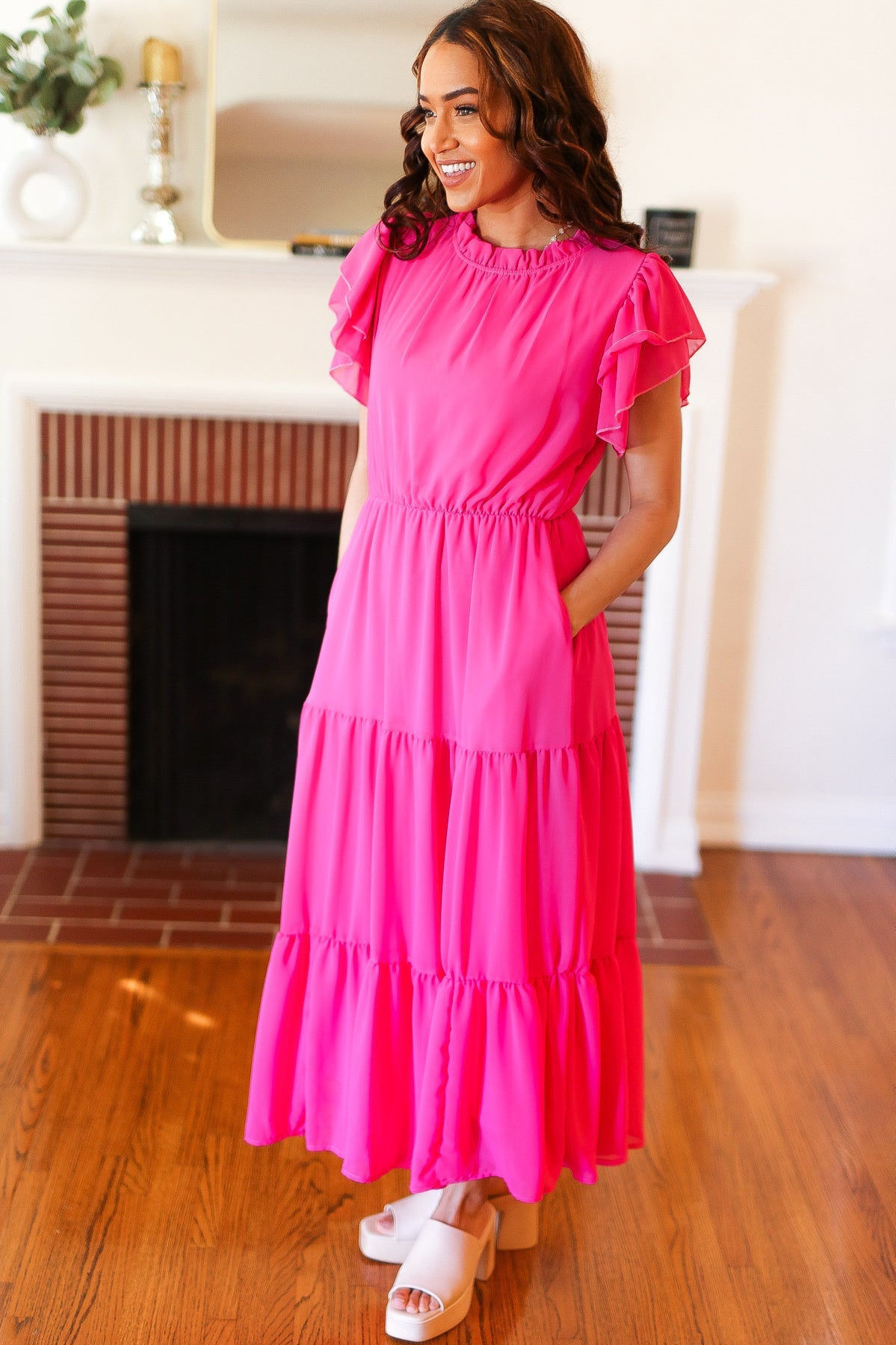 Perfectly You Hot Pink Mock Neck Tiered Chiffon Maxi Dress Haptics