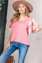 Mauve Rib Floral Chiffon Flutter Sleeve Knit Top Haptics