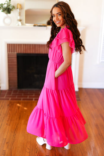 Perfectly You Hot Pink Mock Neck Tiered Chiffon Maxi Dress Haptics