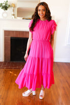Perfectly You Hot Pink Mock Neck Tiered Chiffon Maxi Dress Haptics