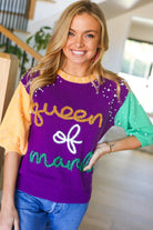 "Queen of Mardi" Pearl & Tinsel Color Block Knit Top BIBI