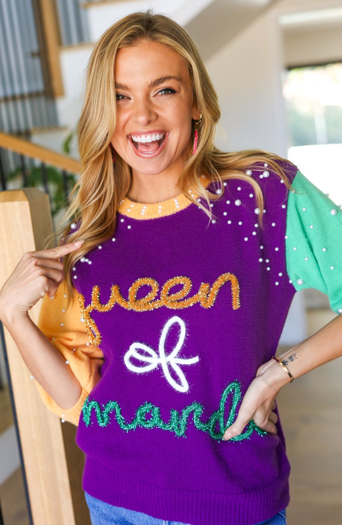 "Queen of Mardi" Pearl & Tinsel Color Block Knit Top BIBI