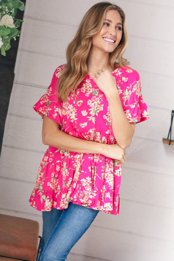 Fuchsia Floral Frill Ruffle Hem Tiered Swing Top Haptics