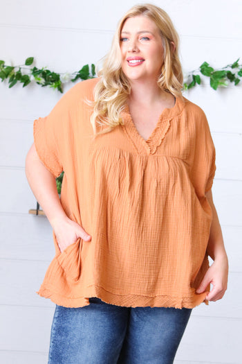 Butter Orange Cotton Banded V Neck Frayed Pocketed Top Zenana