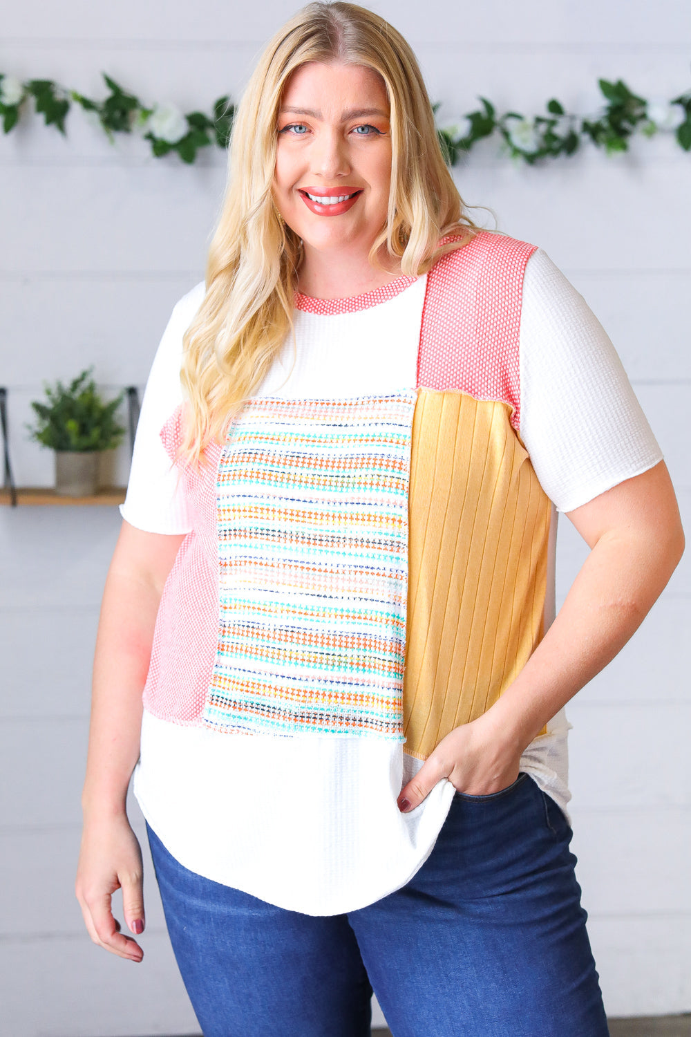 Coral Color Block Patchwork Out Seam Top Sugarfox