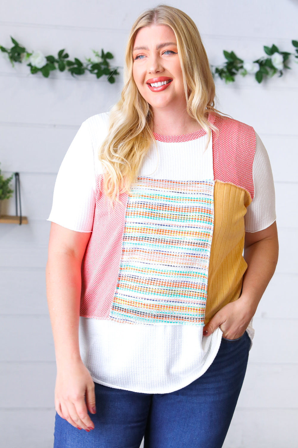 Coral Color Block Patchwork Out Seam Top Sugarfox