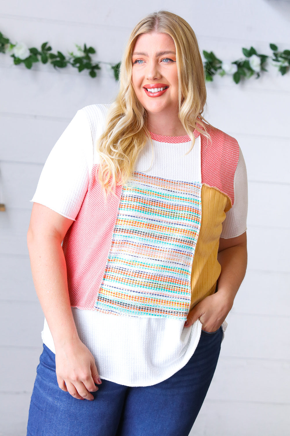 Coral Color Block Patchwork Out Seam Top Sugarfox