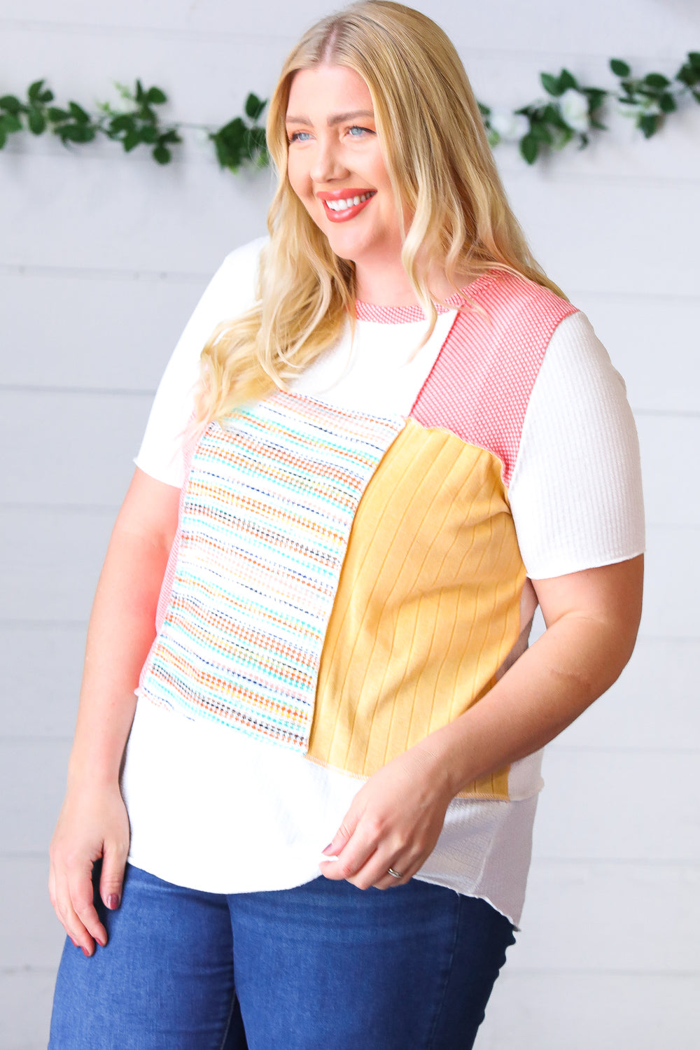 Coral Color Block Patchwork Out Seam Top Sugarfox