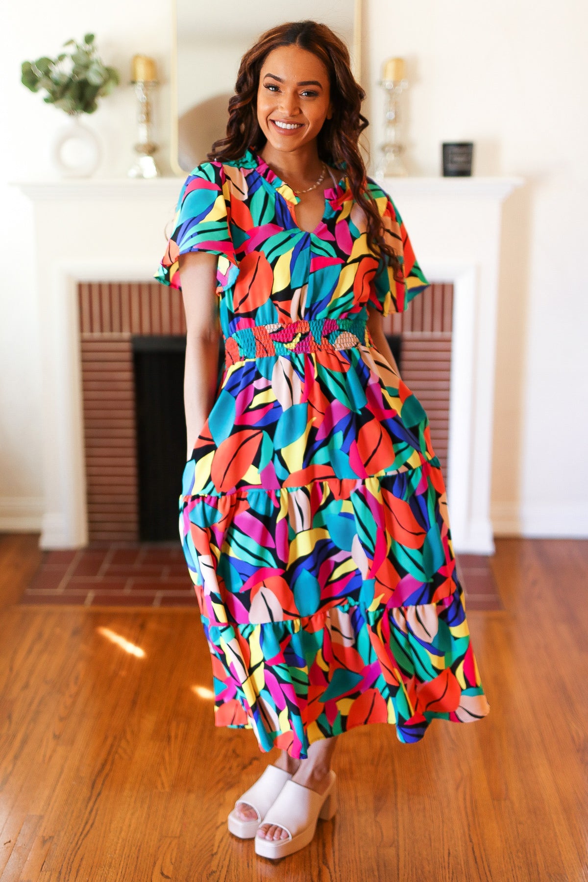 Be Bold Multicolor Abstract Tropical Print Smocked Waist Maxi Dress Haptics