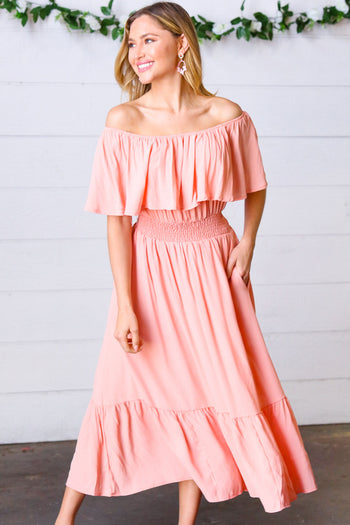 Coral off Shoulder Smocked Waist Ruffle Sleeve Midi Dress Haptics