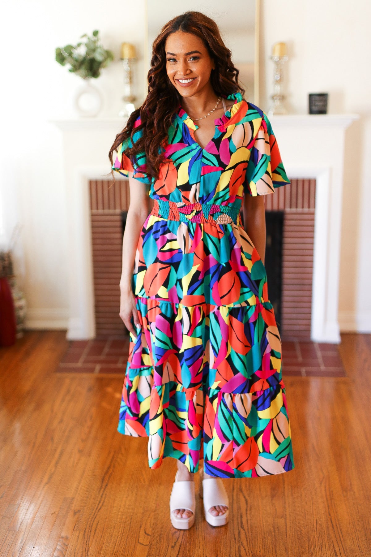 Be Bold Multicolor Abstract Tropical Print Smocked Waist Maxi Dress Haptics