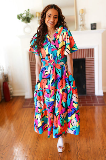 Be Bold Multicolor Abstract Tropical Print Smocked Waist Maxi Dress Haptics