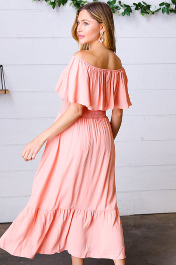 Coral off Shoulder Smocked Waist Ruffle Sleeve Midi Dress Haptics