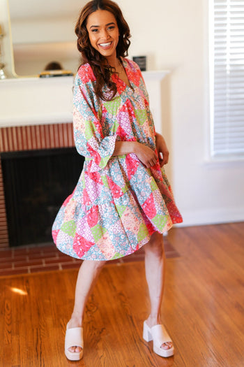 Look Of Love Lime & Coral Patchwork Print V Neck Dress Haptics