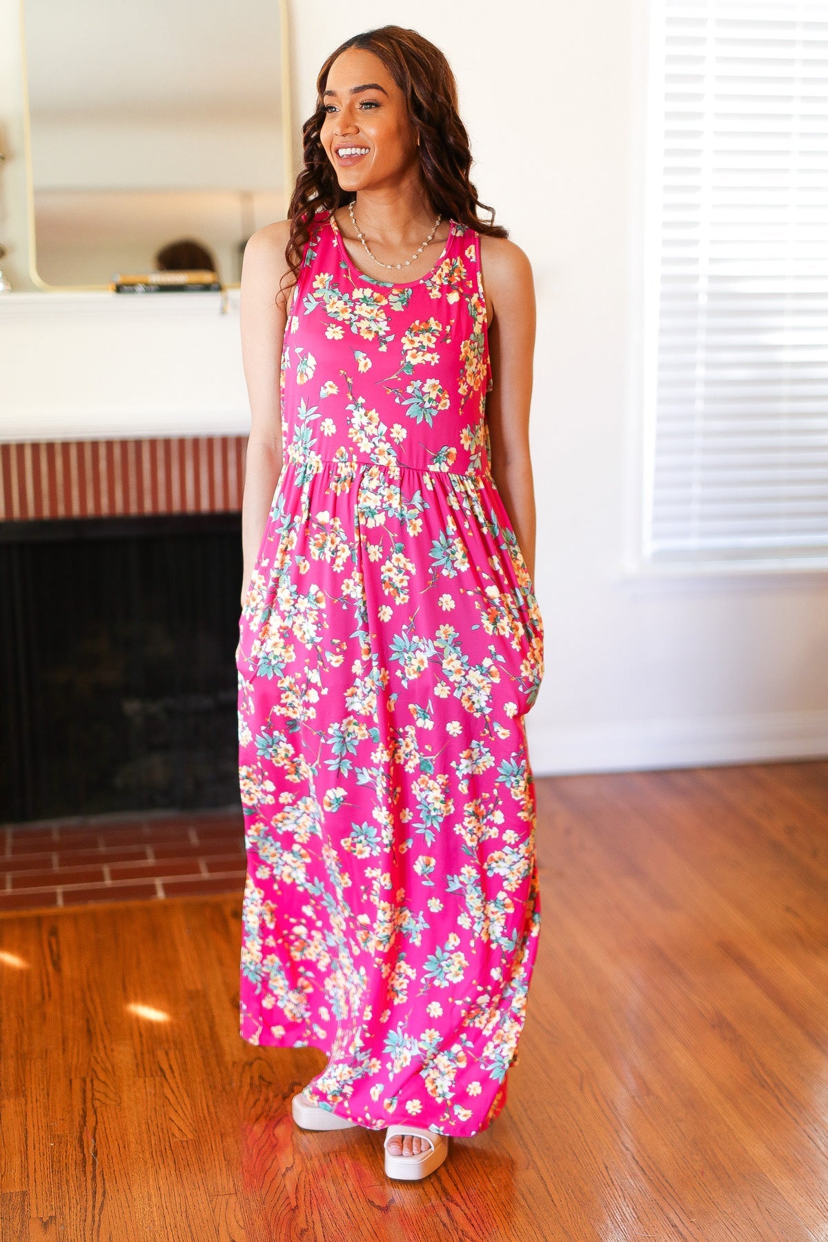 Pink Floral Print Fit and Flare Sleeveless Maxi Dress Haptics