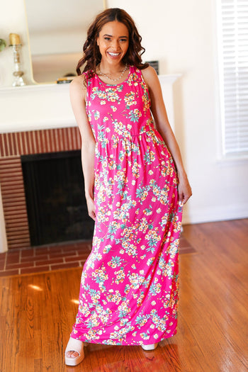 Pink Floral Print Fit and Flare Sleeveless Maxi Dress Haptics