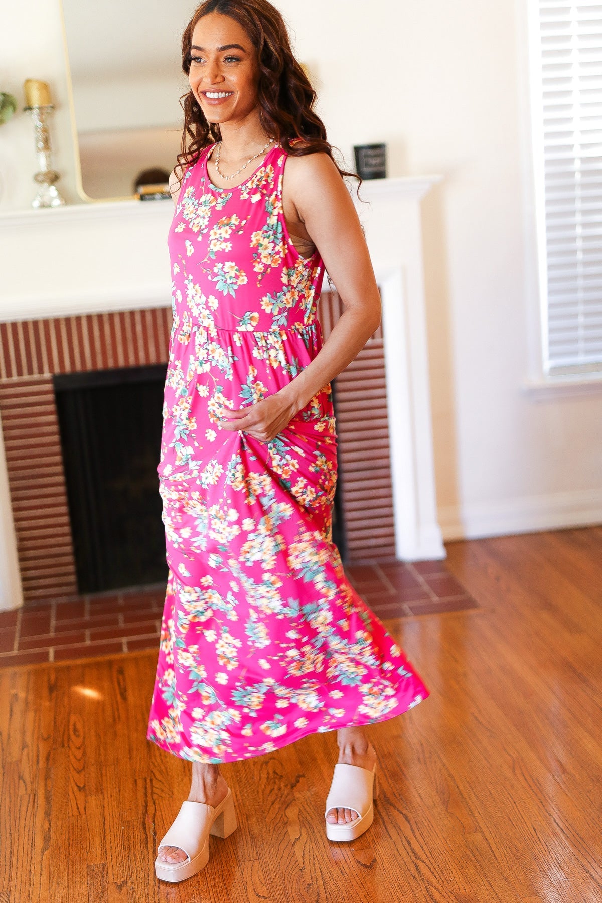 Pink Floral Print Fit and Flare Sleeveless Maxi Dress Haptics