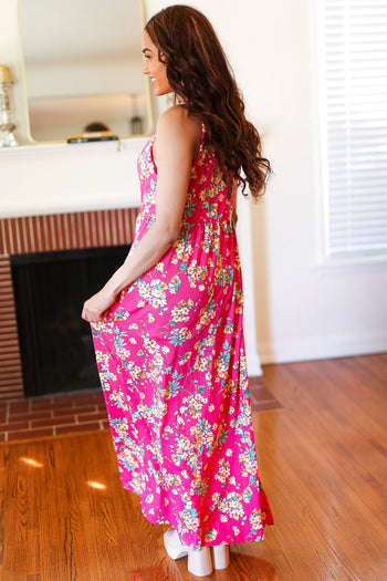 Pink Floral Print Fit and Flare Sleeveless Maxi Dress Haptics