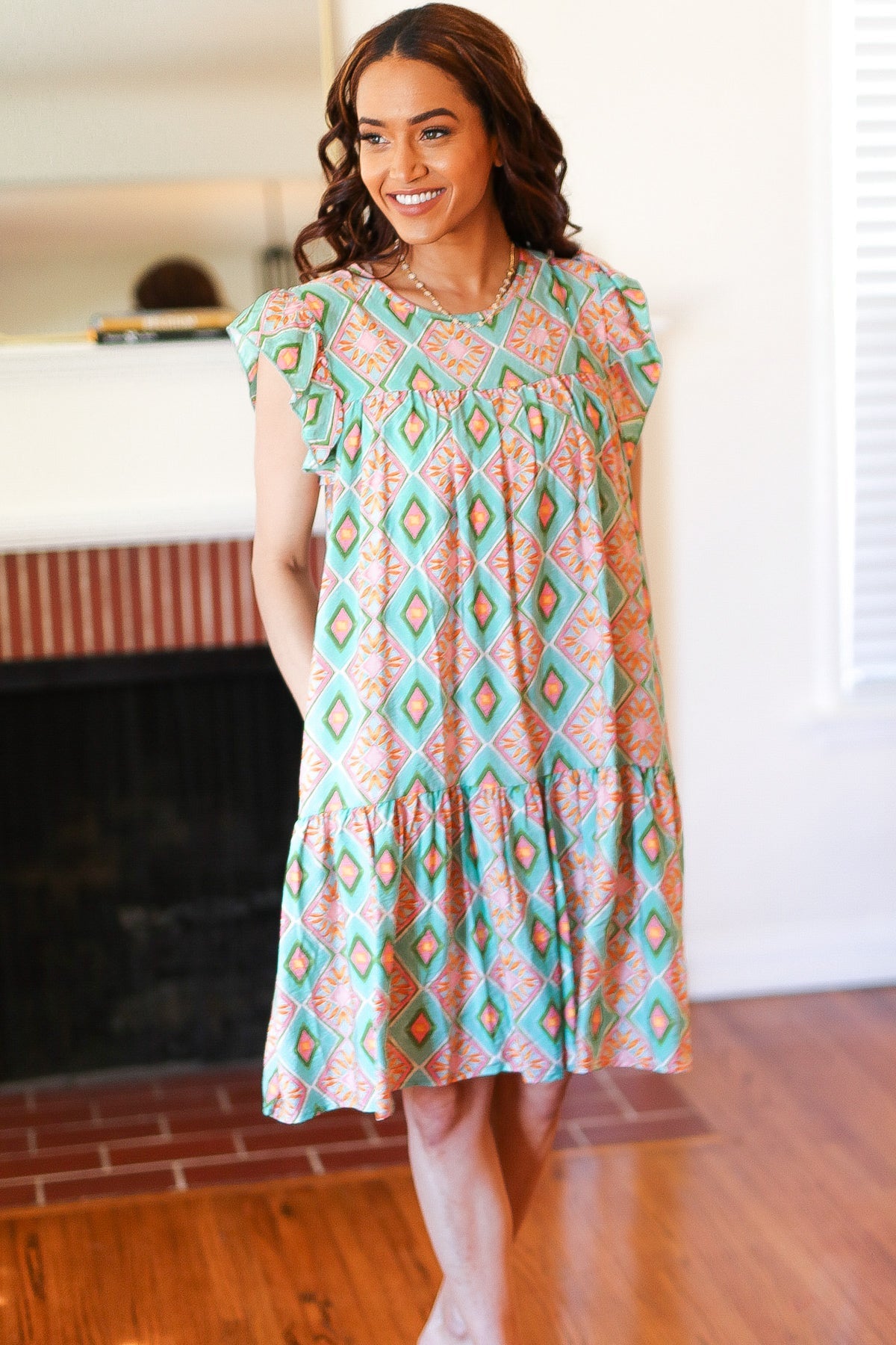 Mint Geo Boho Print Yoke Poplin Woven Dress Haptics