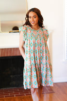 Mint Geo Boho Print Yoke Poplin Woven Dress Haptics